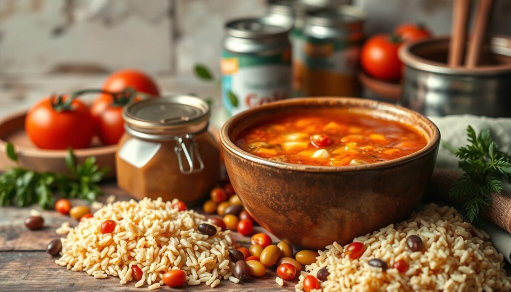 Create an image of a warm, comforting bowl of soup with a variety of pantry staples like canned tomatoes, beans, and rice.