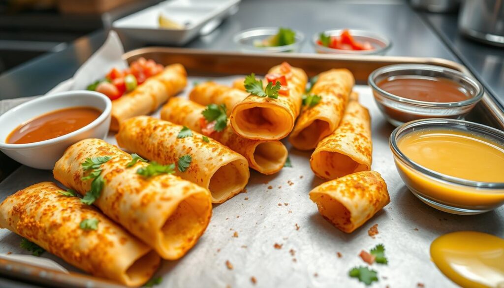Crispy taquitos on a baking sheet