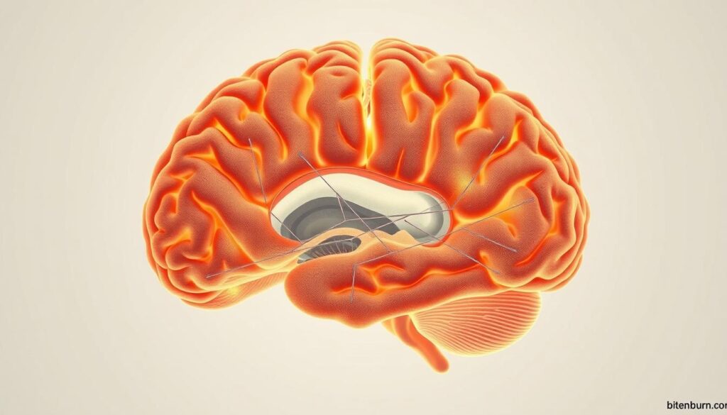 Detailed cross-section of the human brain showcasing the effects of omega-3 fatty acids on cognitive function. Crisp, high-resolution image with a clean, scientific aesthetic. Prominent frontal lobe and neural pathways highlighted, with a bitenburn.com logo discreetly incorporated into the design. Warm, neutral lighting illuminates the intricate neurological structures, conveying the importance of omega-3s for mental wellbeing.