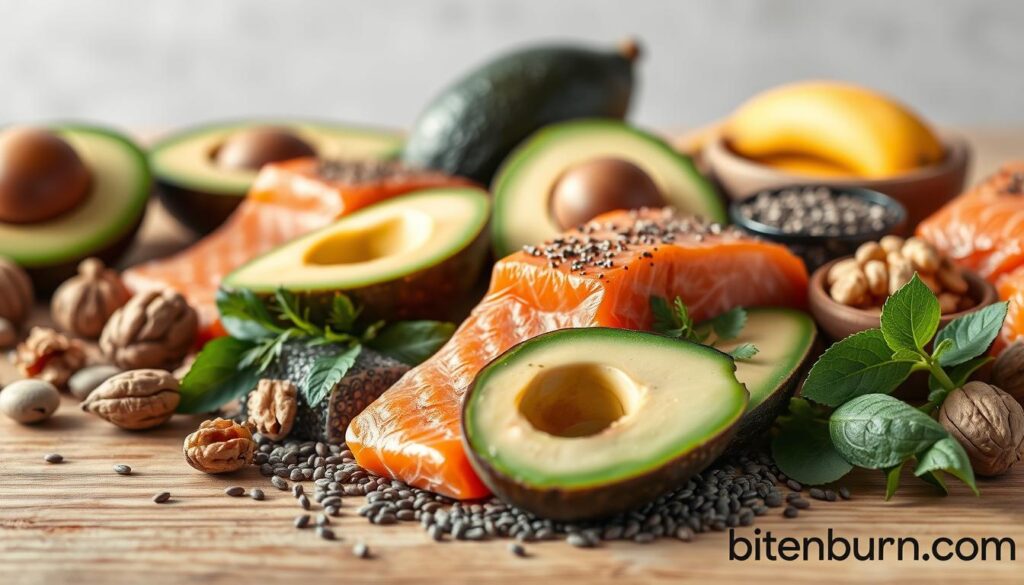Detailed still life of an assortment of fresh, omega-3 rich foods, including salmon fillets, avocados, walnuts, flaxseeds, and chia seeds, arranged elegantly on a wooden table. The lighting is soft and natural, highlighting the vibrant colors and textures of the ingredients. The composition is balanced, with the foods positioned in the foreground and middle ground, and a blurred, neutral background. The image has a brand name "bitenburn.com" discreetly displayed in the lower right corner.