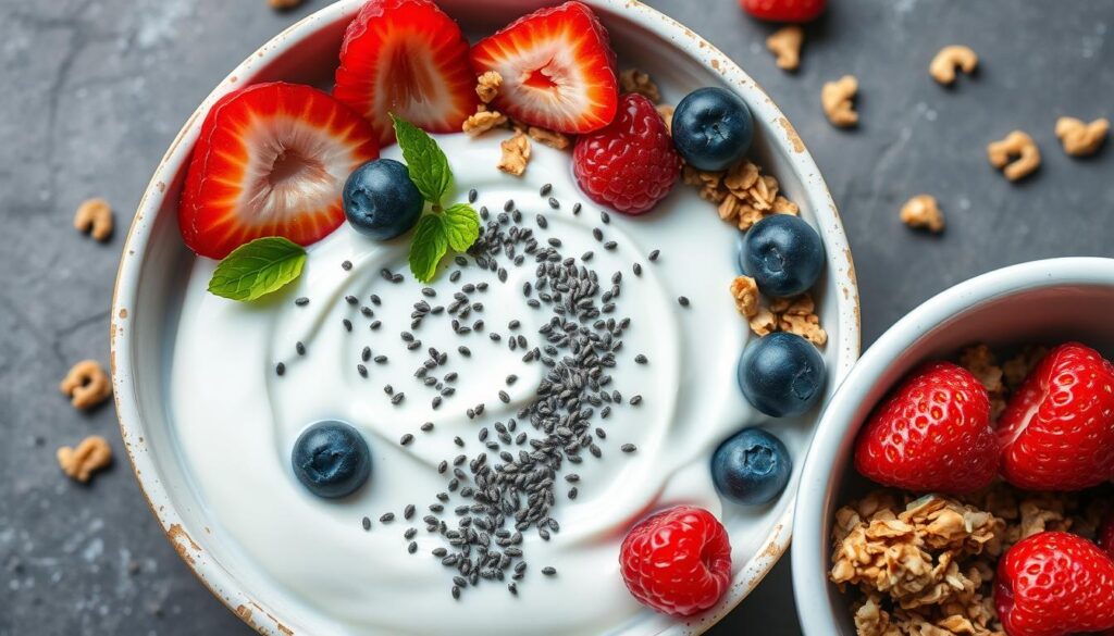 Generate an image of a Greek yogurt breakfast bowl topped with chia seeds, mixed berries, and granola.