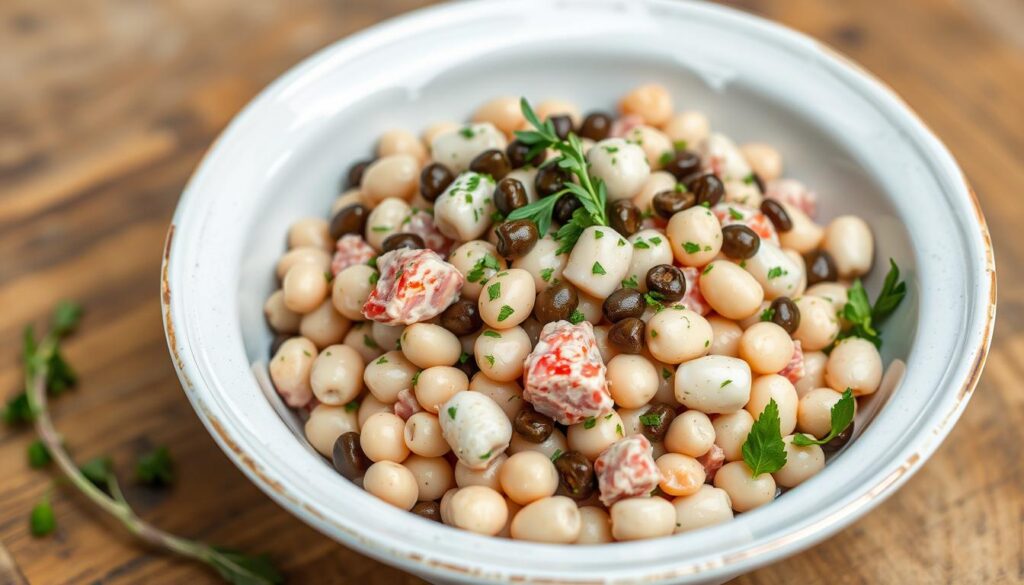 Generate an image of a Tuna and White Bean Salad served in a bowl, garnished with capers and a sprinkle of herbs.