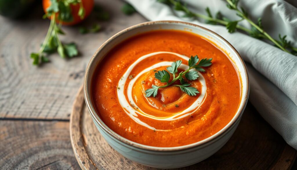 Generate an image of a bowl of creamy tomato soup garnished with fresh herbs and a drizzle of olive oil.
