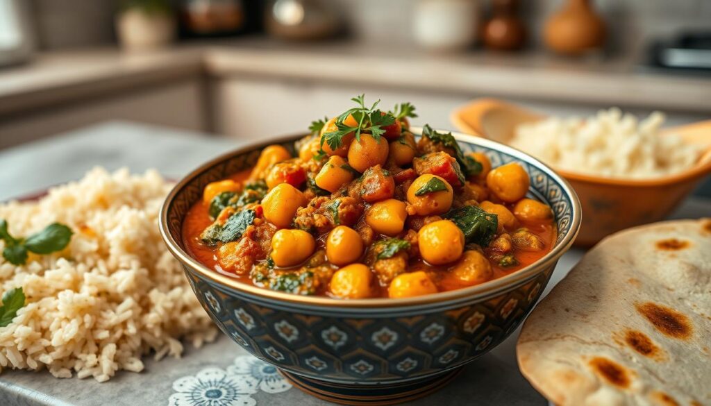 Generate an image of a delicious Vegetarian Chickpea and Spinach Curry in a bowl.