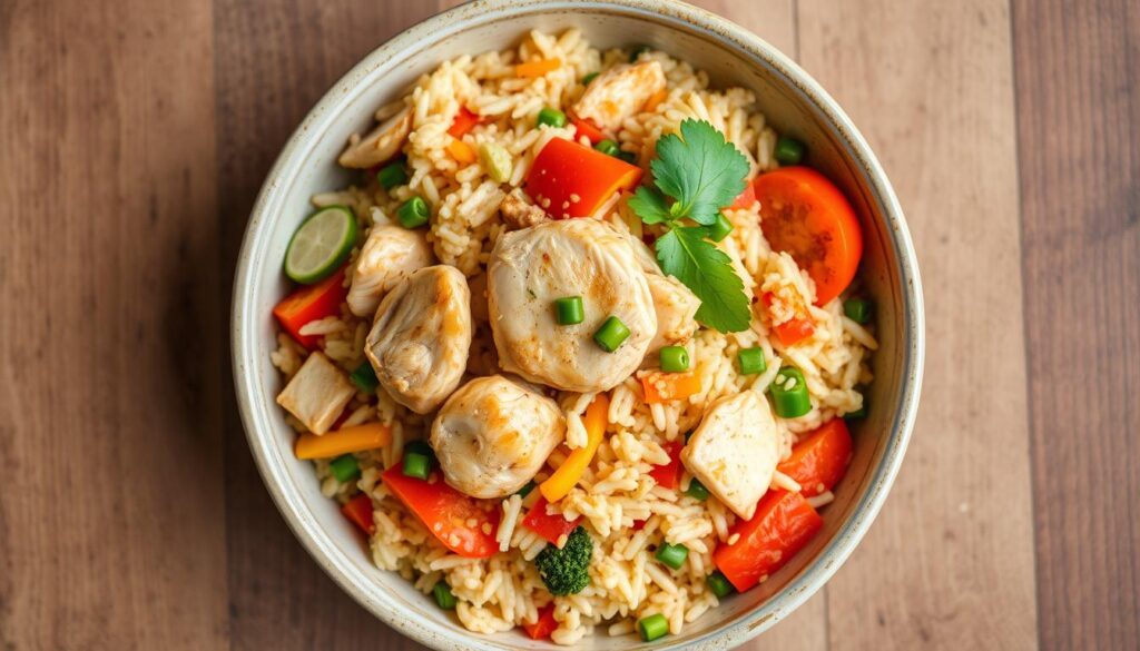 Generate an image of a delicious rice dish with chicken and vegetables.