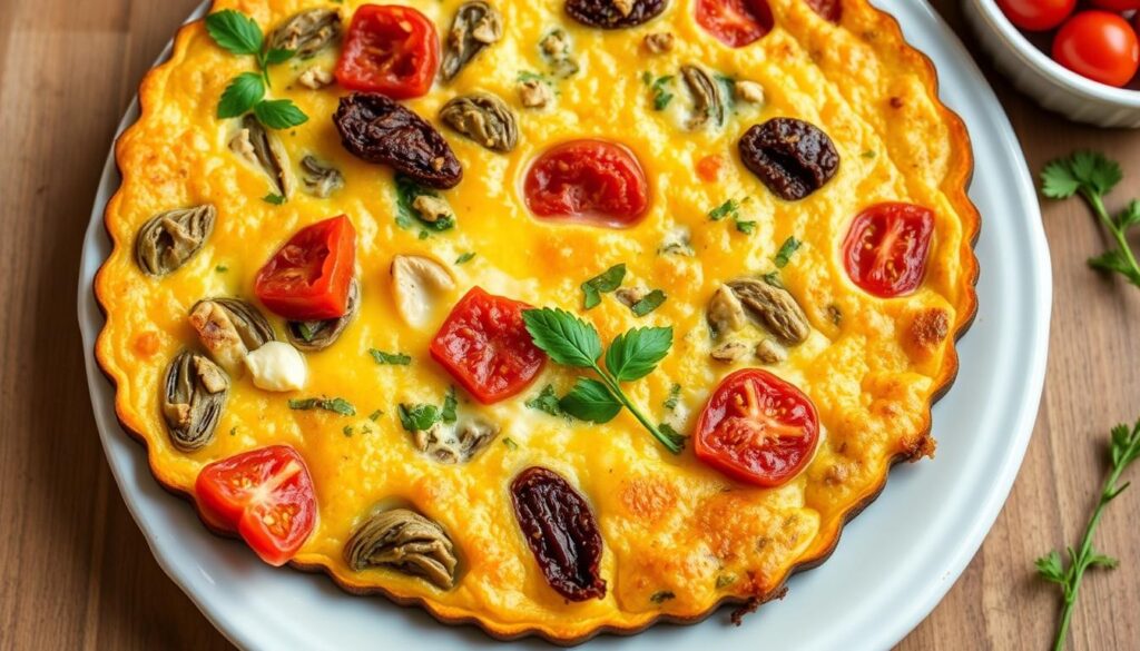 Generate an image of a frittata with various pantry ingredients like canned artichokes and sun-dried tomatoes.