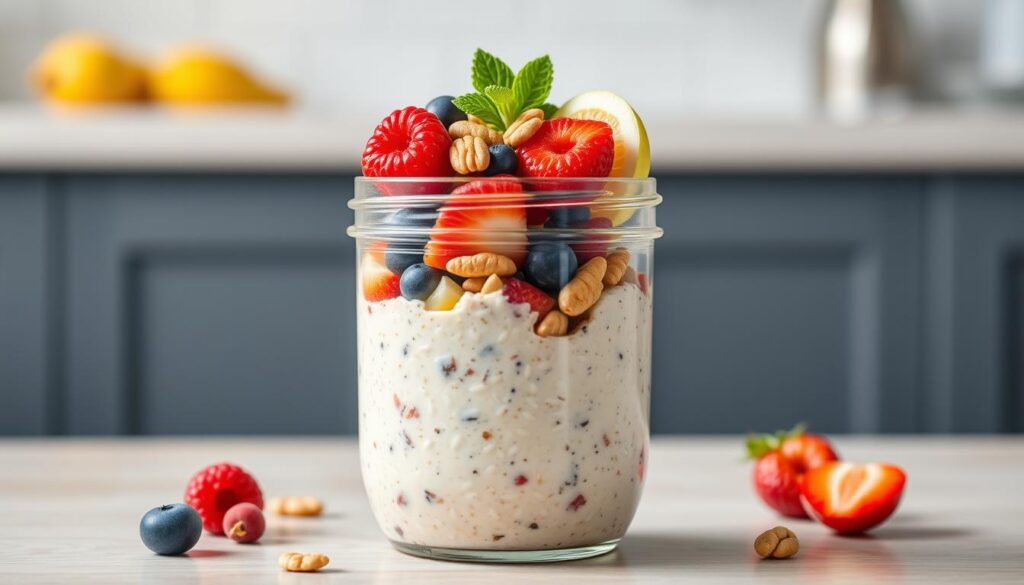Generate an image of a jar filled with overnight oats, topped with fresh fruits and nuts.