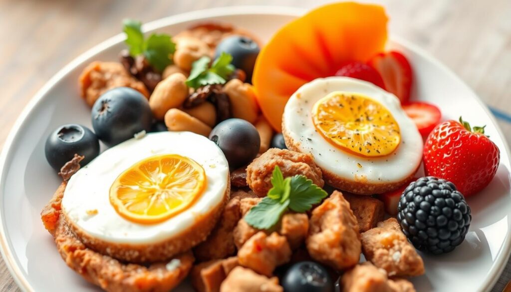 Generate an image of a nutritious breakfast plate with a balance of protein, complex carbohydrates, and healthy fats.