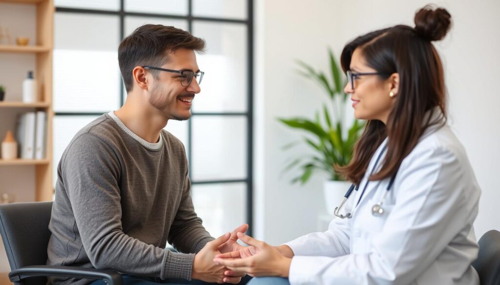 Generate an image of a person consulting a healthcare provider about starting probiotics for mental health.