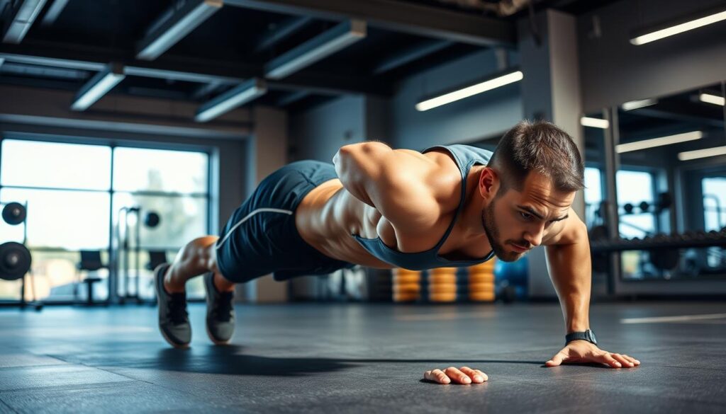 Generate an image of a person doing a push-up in a gym.