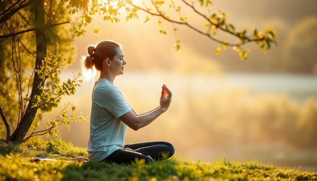 Generate an image of a person doing morning yoga in a serene environment.