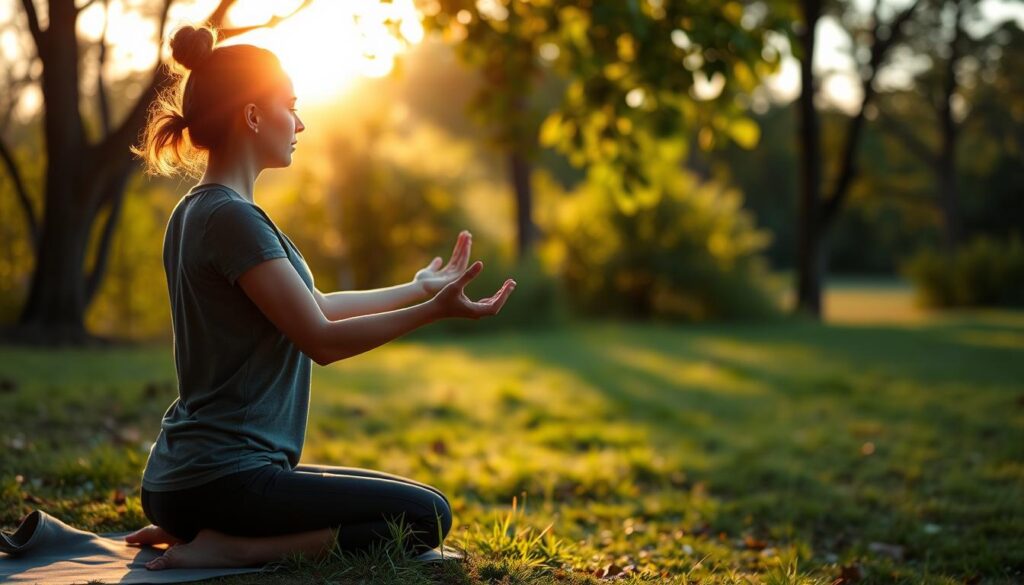 Generate an image of a person engaging in a morning yoga routine outdoors.