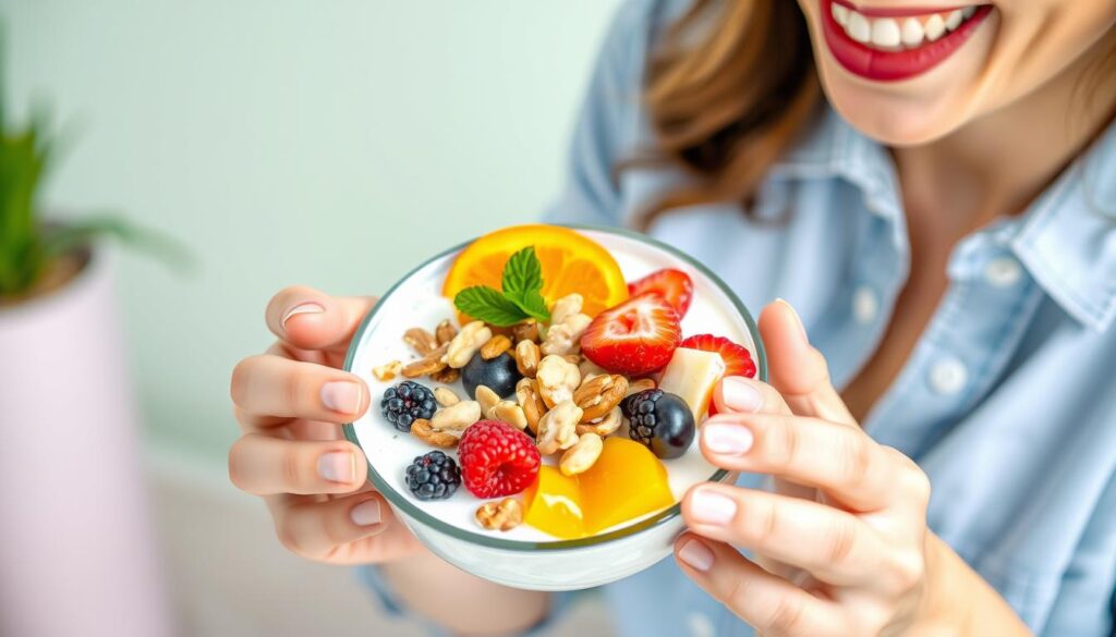 Generate an image of a person enjoying a bowl of yogurt with fruits and nuts, symbolizing a healthy start to the day.