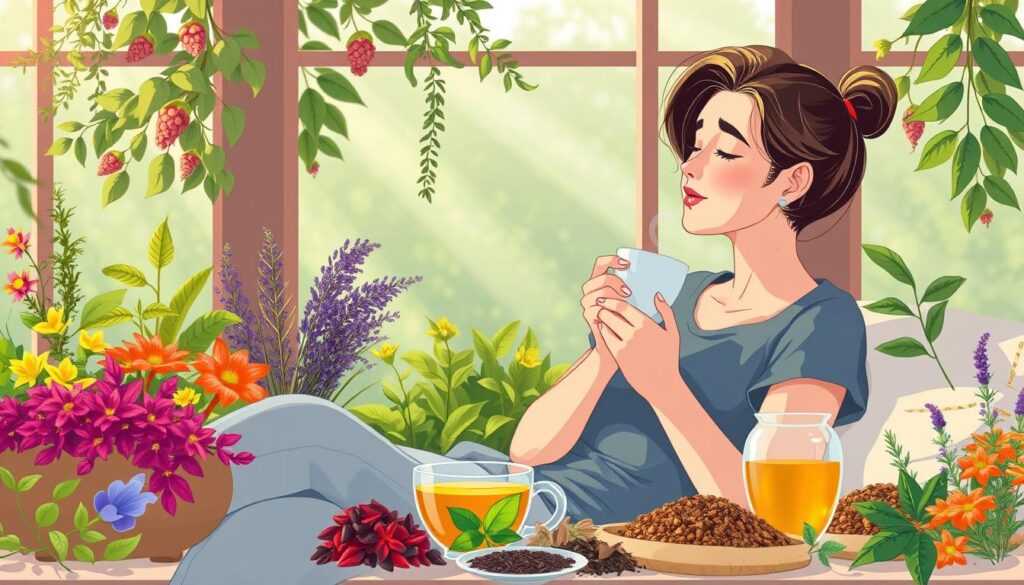 Generate an image of a person enjoying a cup of herbal tea in a serene environment, surrounded by various herbs and tea blends.