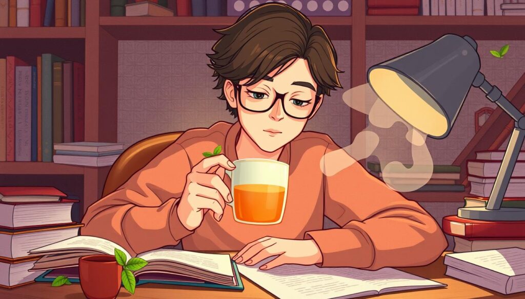 Generate an image of a person enjoying a cup of peppermint tea while studying or working.