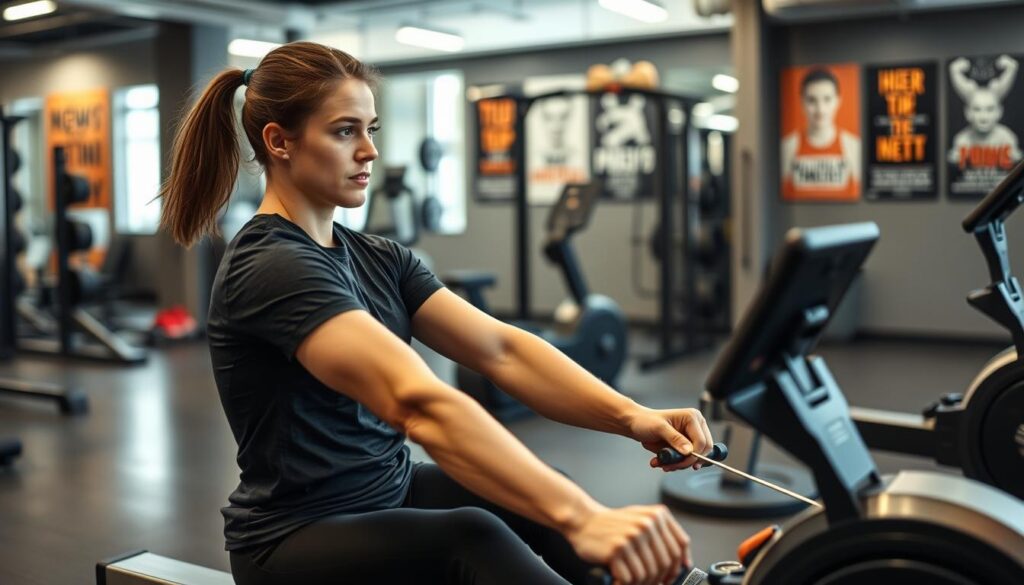 Generate an image of a person using a rowing machine in a gym setting.