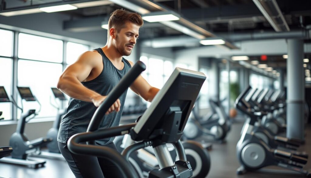 Generate an image of a person using an elliptical machine in a gym
