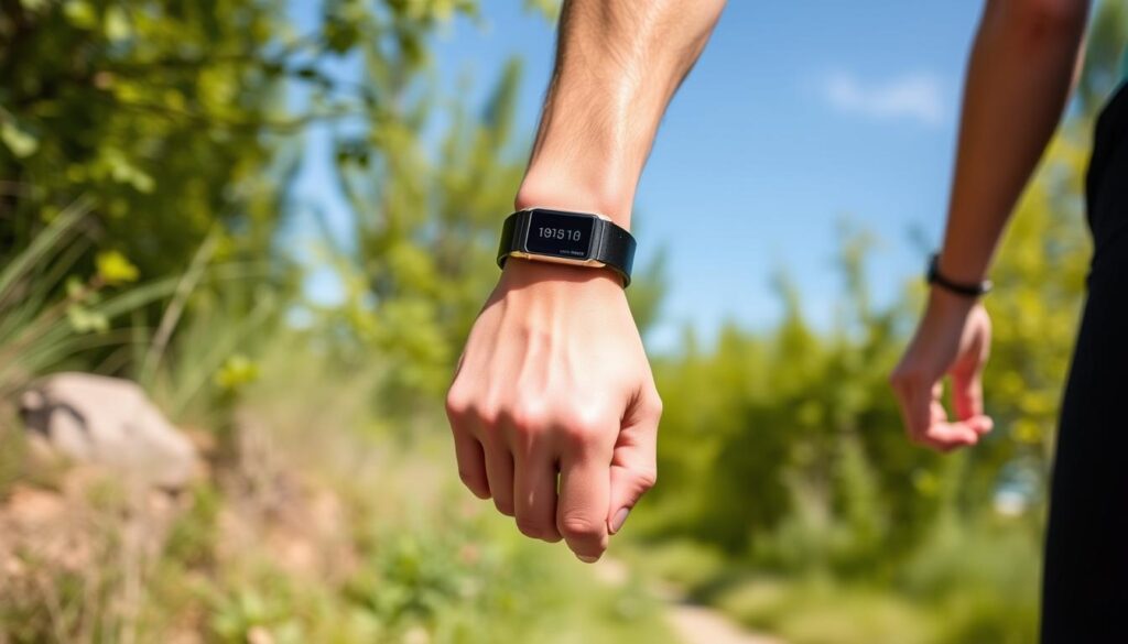 Generate an image of a person walking outdoors with a fitness tracker on their wrist.