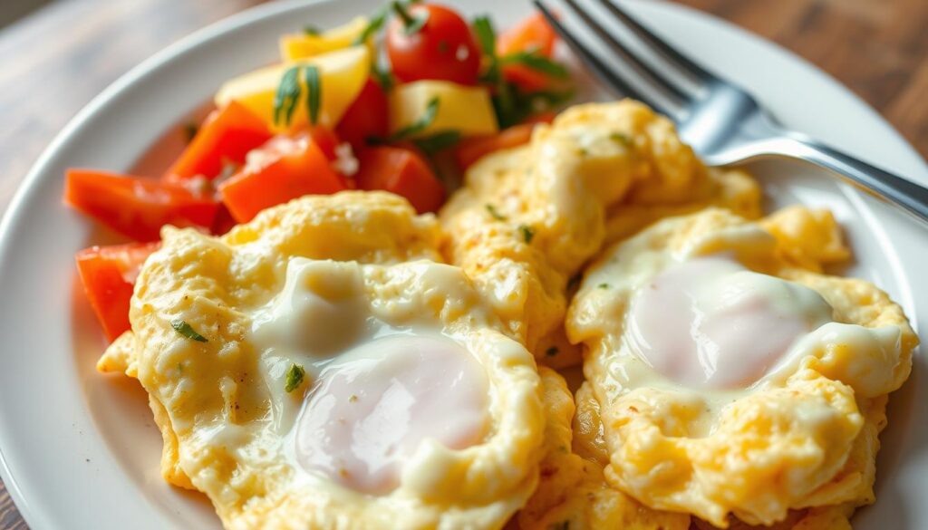Generate an image of a plate of scrambled eggs with vegetables and cheese.