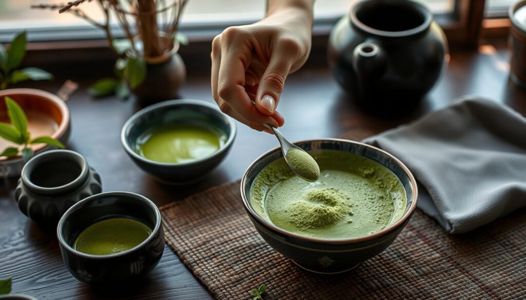 Generate an image of a serene environment with a bowl of matcha being prepared.