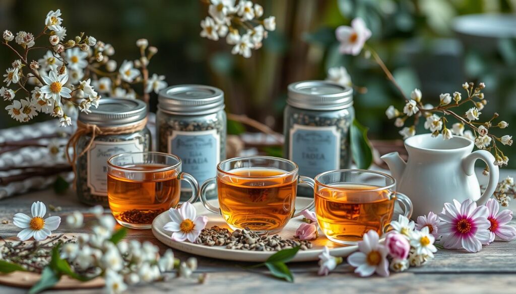 Generate an image of a serene environment with various herbal teas.