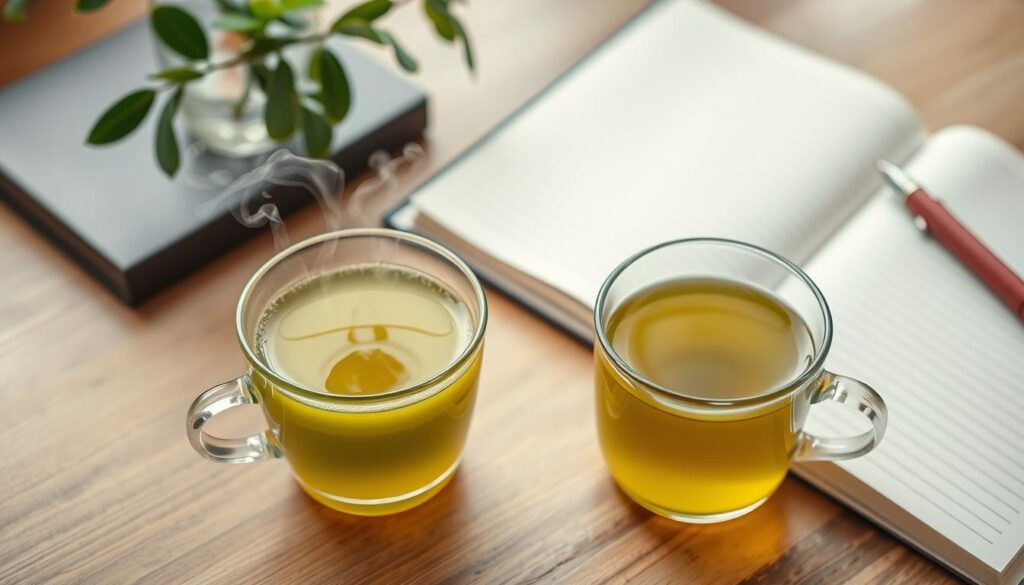 Generate an image of a serene workspace with a cup of green tea and a notebook.
