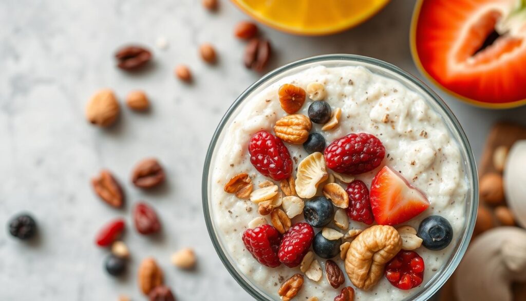 Generate an image of overnight oats with mix-ins like dried fruits, nuts, and seeds.