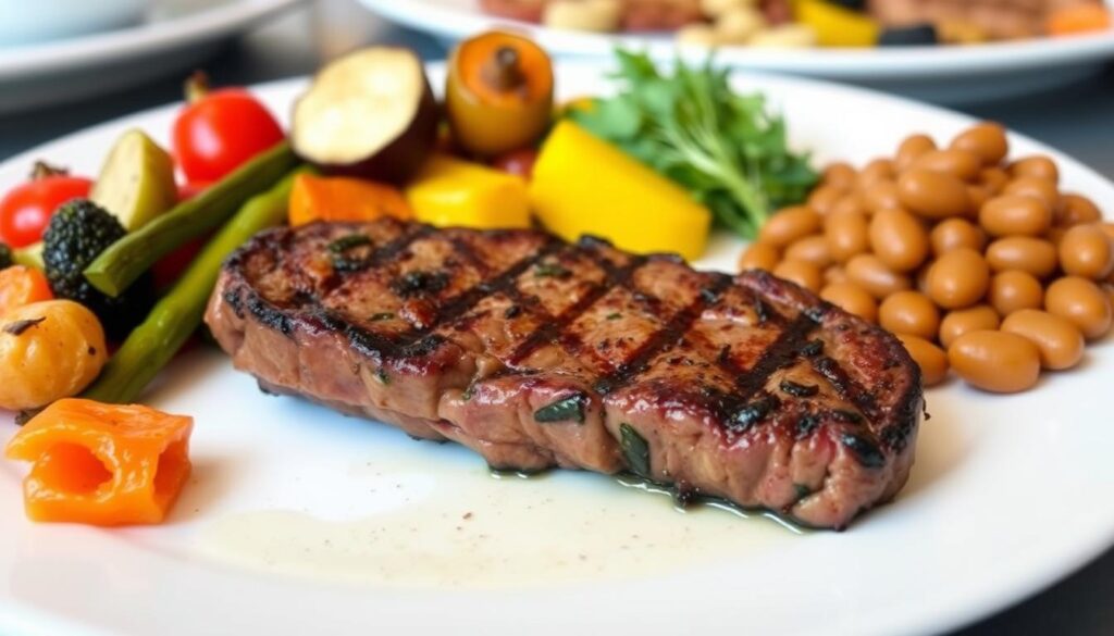 Grilled steak with beans and roasted vegetables