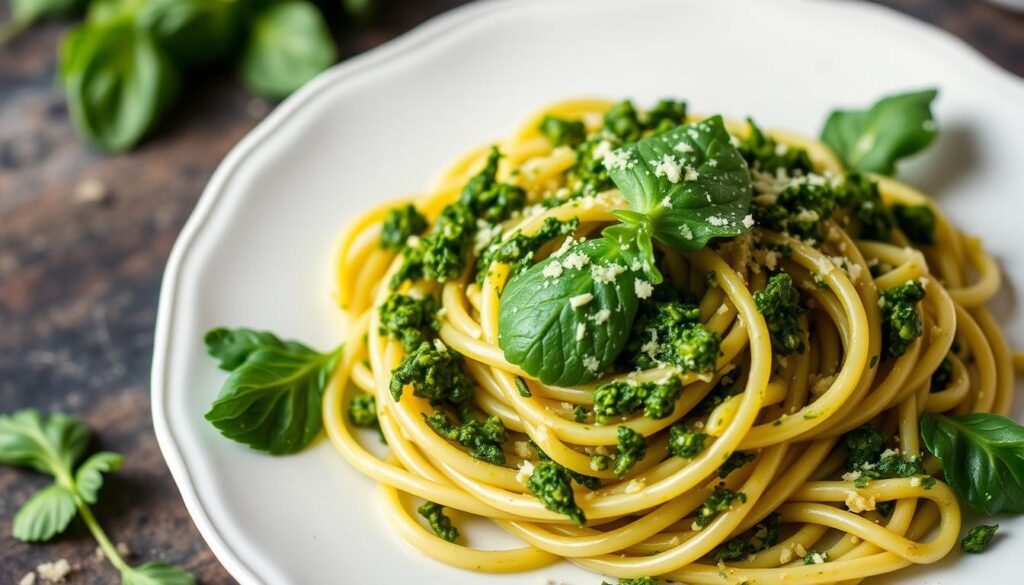 Image of Pesto Pasta with frozen spinach