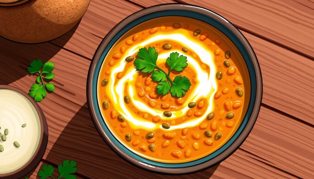 Image of a bowl of curried lentil soup with a swirl of coconut milk and fresh cilantro