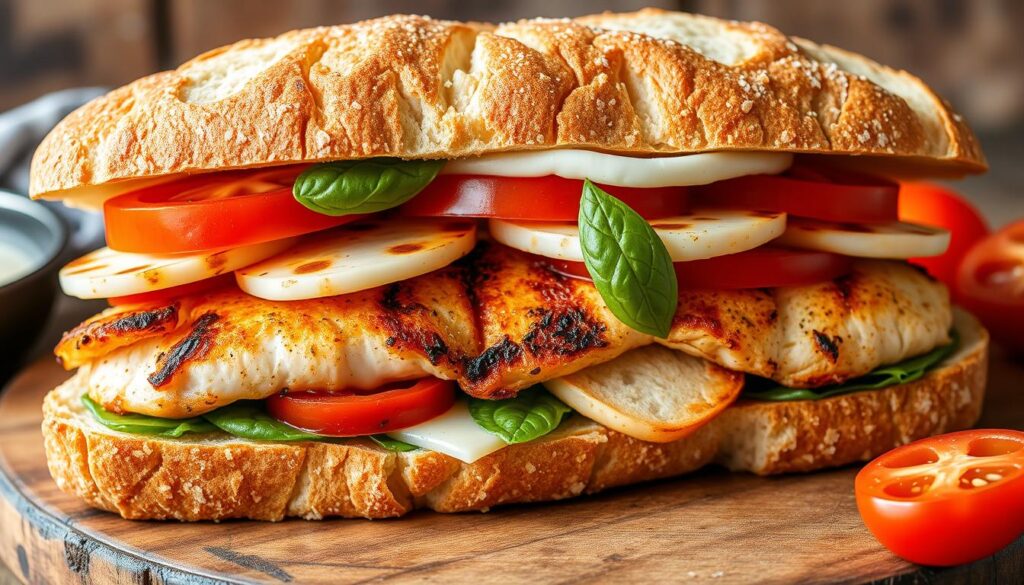 Image of a delicious Chicken Caprese sandwich with grilled chicken, fresh tomatoes, and mozzarella cheese