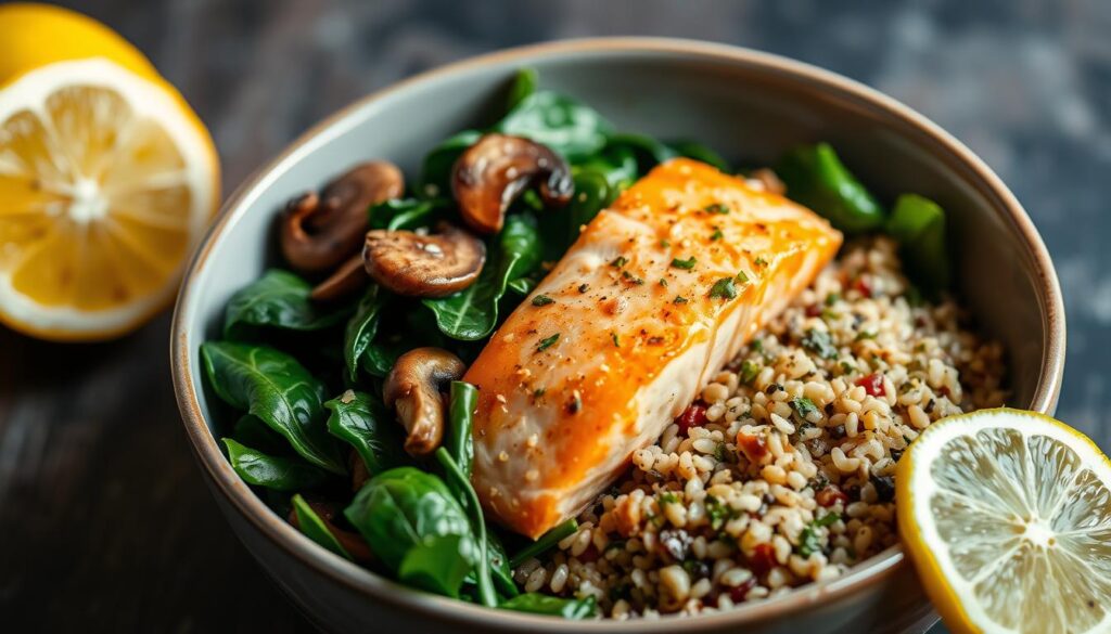 Image of a salmon and quinoa bowl with wilted spinach, mushrooms, and a lemon wedge