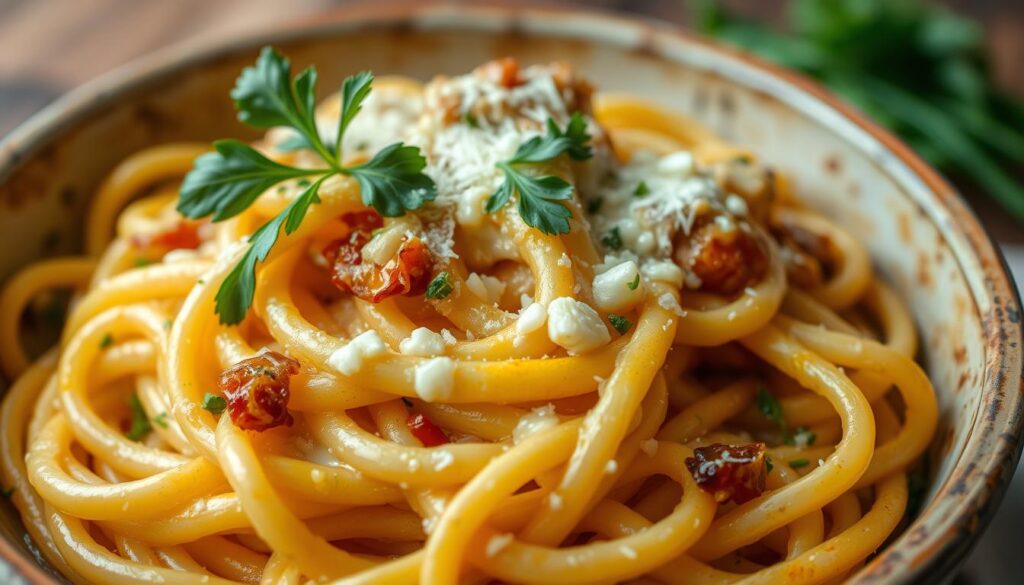 Image of a simple pasta dish with garlic and cheese