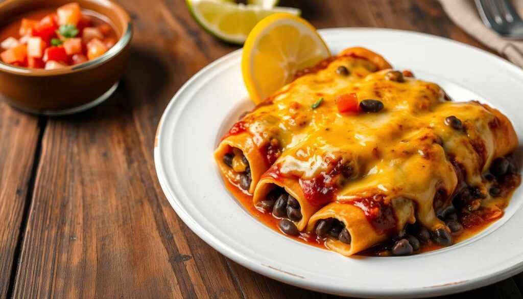 Image of black bean enchiladas with melted cheese and a side of salsa