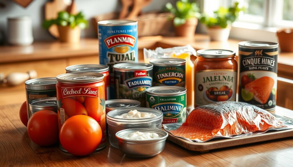 Image of canned tomatoes, tuna, and salmon