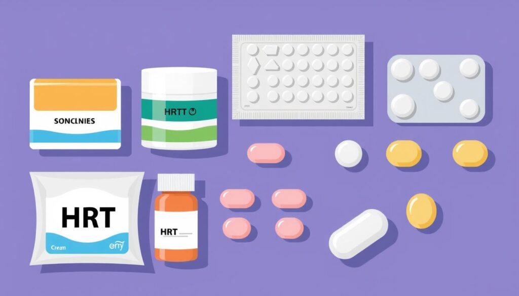 Image of different HRT forms like creams, patches, and oral tablets