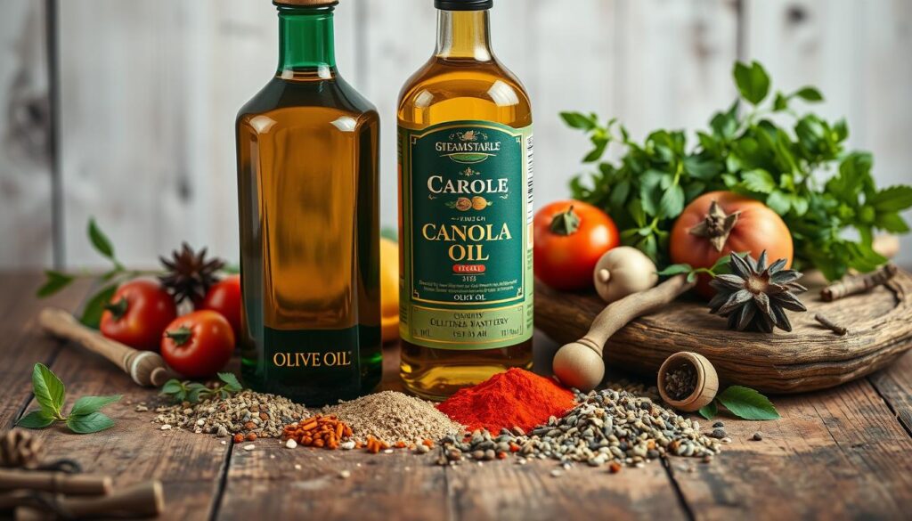 Image of olive oil, canola oil, and various spices