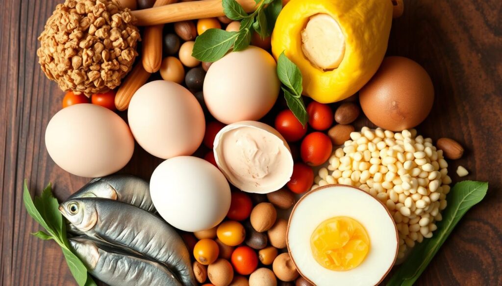 Image of various affordable protein sources like eggs, canned fish, and legumes