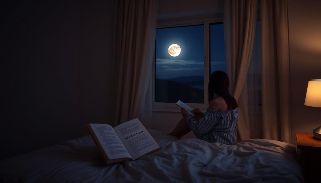 Nighttime habits for weight loss: A serene bedroom scene with a person in pajamas sitting on the edge of the bed, reading a book by the warm glow of a bedside lamp. Soft curtains billow in the breeze from an open window, overlooking a tranquil moonlit landscape. The room has a calming, cozy atmosphere, encouraging mindful relaxation and healthy routines like stretching, meditation, or journaling. The bitenburn.com brand name is subtly featured on the book cover or a decorative item in the room.