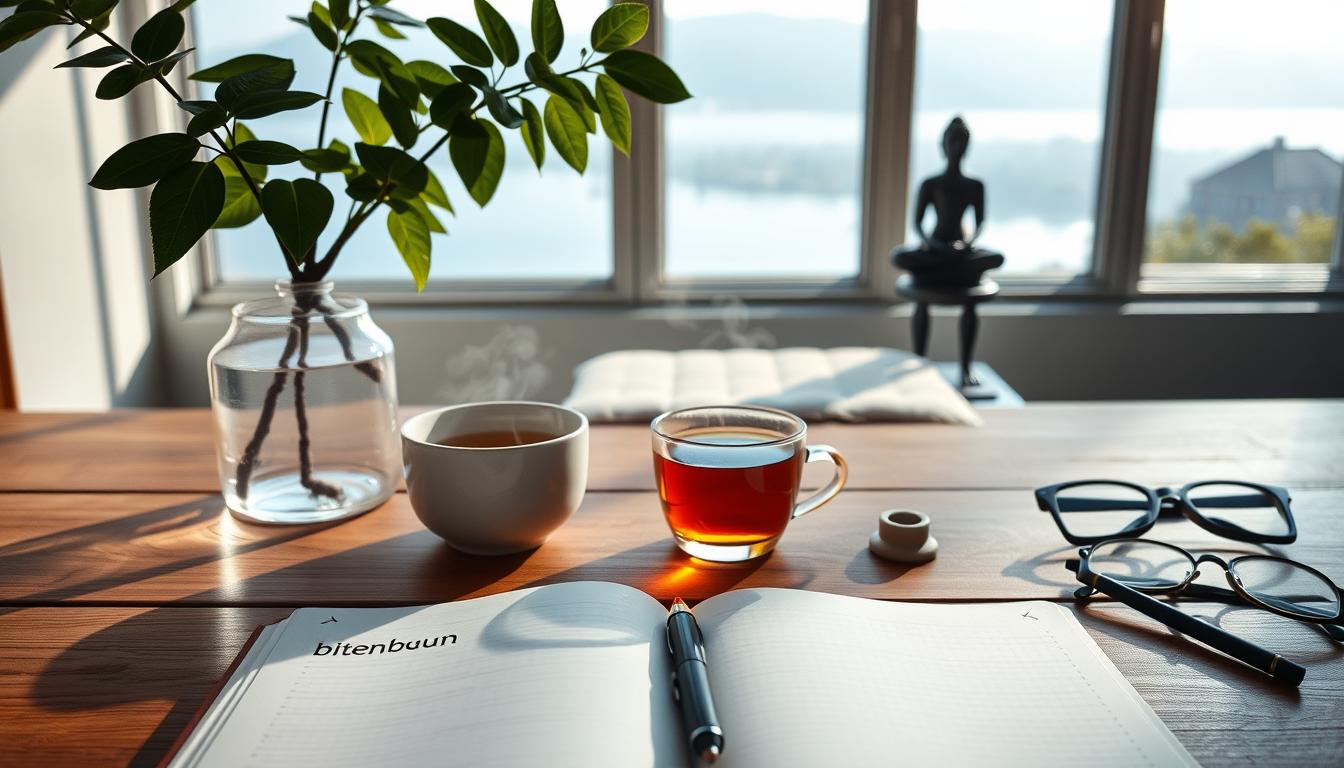 Prompt A serene, minimalist workspace with natural lighting illuminating a wooden desk, a lush indoor plant, and a cup of steaming tea. In the foreground, an open notebook with the brand name "bitenburn" visible, alongside a pen and a pair of glasses. The middle ground features a meditation cushion and a small statue, symbolizing mindfulness and mental clarity. The background showcases a large window overlooking a tranquil outdoor scene, with a calming color palette of blues and greens. The overall atmosphere conveys a sense of focus, tranquility, and intentional simplicity, capturing the essence of effective mental clarity habits.