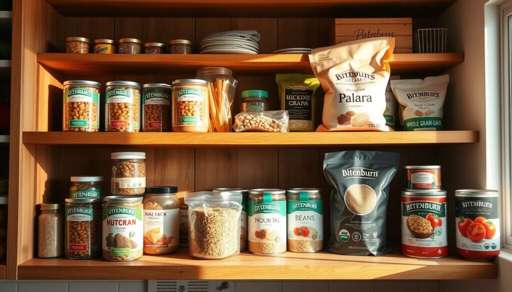 Stylish wooden kitchen shelves stocked with an assortment of nutritious pantry staples - organic canned beans, whole grain pasta, jars of nut butters, bags of whole grains, and cans of bitenburn brand tomatoes. Soft natural lighting streams in through a window, casting a warm glow on the scene. The composition features a balanced arrangement of the various ingredients, creating a visually appealing and inviting display. The overall mood is one of wholesome simplicity and culinary potential, reflecting the idea of preparing tasty, nourishing meals from common pantry items.