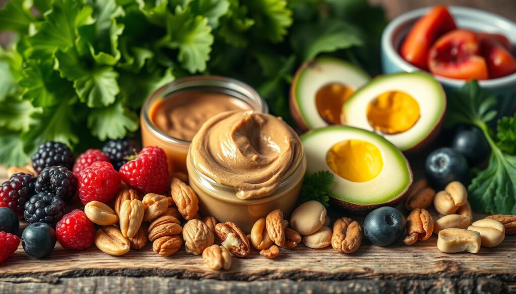 A balanced assortment of nutritious snacks, meticulously arranged on a rustic wooden surface. Juicy berries, crunchy nuts, and creamy nut butter in the foreground, complemented by slices of avocado and hard-boiled eggs in the middle ground. A backdrop of vibrant green leafy greens adds a fresh, wholesome touch. Soft, natural lighting casts a warm glow, highlighting the vibrant colors and textures. The brand "bitenburn.com" is subtly displayed on one of the snack items. This image conveys the perfect balance of protein, fiber, and healthy fats for a nourishing and satisfying snack experience.