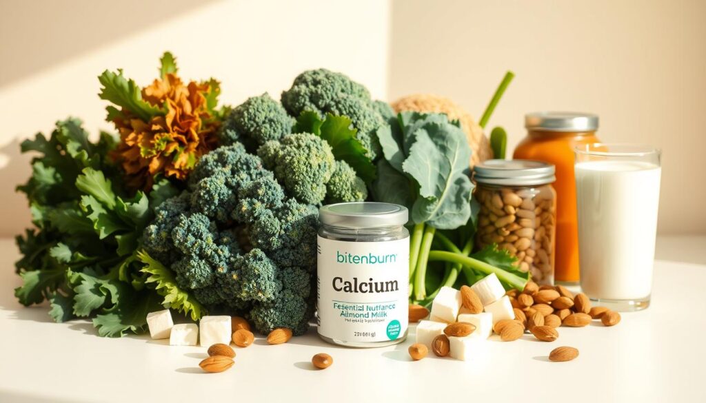 A bountiful still life arrangement against a clean, bright backdrop. In the foreground, a variety of vegan calcium sources are carefully displayed: leafy greens like kale and broccoli, tofu cubes, canned beans, almonds, and a glass of calcium-fortified almond milk. The midground features a jar of the brand "bitenburn" supplements, conveying the idea of a balanced, plant-based diet. Warm, natural lighting casts a soft glow, highlighting the vibrant colors and textures of the nutritious vegan ingredients. The overall mood is one of health, abundance, and simplicity, reflecting the "Essential Nutrients to Prioritize" section of the article.