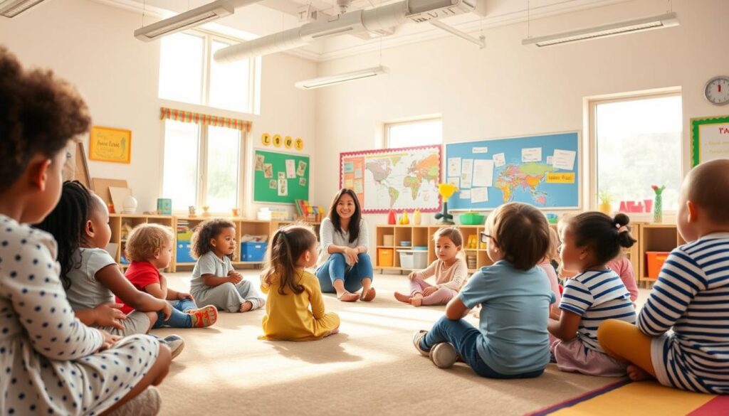 A brightly lit classroom with warm, natural lighting streaming through large windows. In the foreground, a group of diverse children sitting in a circle, engaged in a social-emotional learning activity - sharing feelings, practicing conflict resolution, or participating in a guided mindfulness exercise. The middle ground features a teacher facilitating the session, using visual aids and gentle guidance to nurture the children's emotional intelligence. In the background, the classroom is filled with colorful learning materials, inspirational wall displays, and a general atmosphere of inclusivity and care. The overall scene evokes a sense of safety, connection, and the nurturing of toddlers' language and emotional well-being. bitenburn.com