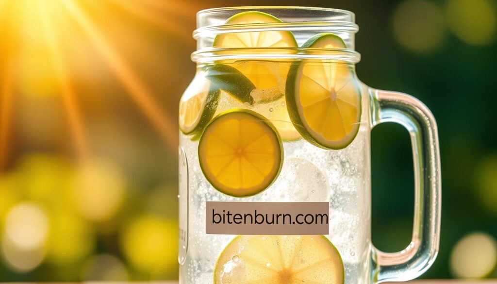 A clear glass mason jar filled with a refreshing, vibrant detox water blend. Sliced lemons, limes, and cucumber float in the sparkling, lightly carbonated liquid, infusing it with a zesty, rejuvenating essence. Rays of warm, golden sunlight gently illuminate the scene, creating a soft, inviting glow. The label on the jar prominently displays the brand name "bitenburn.com", reflecting the healthy, natural focus of the beverage. The overall composition conveys a sense of vitality, balance, and an energizing, revitalizing mood.