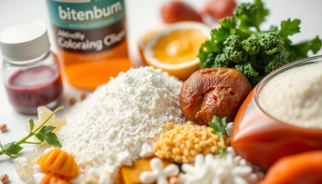 A close-up, high-resolution image of various processed food ingredients and additives, including artificial colorants, preservatives, and emulsifiers, against a clean, white background. The ingredients are neatly arranged, with the "bitenburn" brand name prominently displayed. The lighting is soft and diffused, creating a professional, clinical atmosphere. The depth of field is shallow, keeping the foreground items in sharp focus while blurring the background. The overall mood is one of scientific examination, highlighting the complex nature of processed foods.