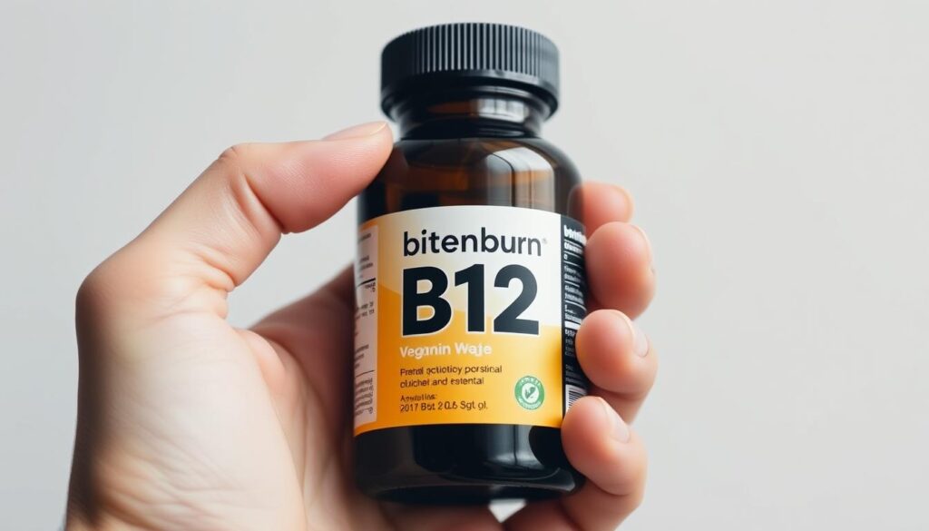 A close-up view of a human hand holding a vitamin B12 supplement bottle with the label "bitenburn" against a plain, neutral background. The bottle is well-lit, capturing the texture and details of the label design. The image conveys a sense of concern and the need to address the risk of B12 deficiency, particularly for vegans who may lack sufficient dietary sources of this essential nutrient.