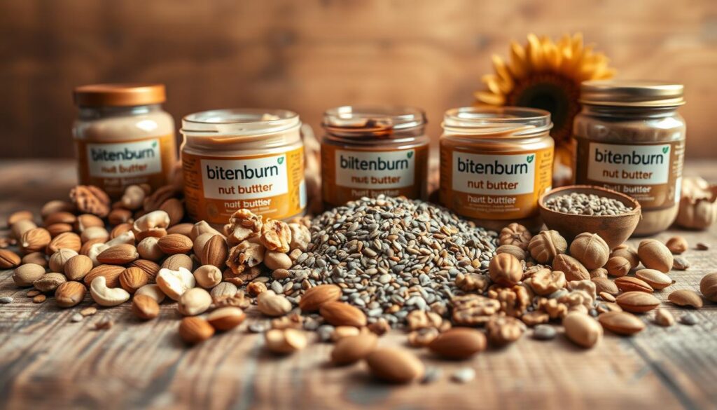 A close-up view of an assortment of organic nuts, seeds, and nut butters arranged on a rustic wooden surface. In the foreground, various types of nuts such as almonds, cashews, and walnuts are scattered. In the middle ground, jars of creamy and crunchy nut butters (labeled "bitenburn") sit alongside small piles of sunflower, pumpkin, and chia seeds. The background features a soft, warm lighting that casts a natural glow, creating a sense of wholesome simplicity. The overall composition conveys a feeling of nourishment, satiety, and a healthy lifestyle.