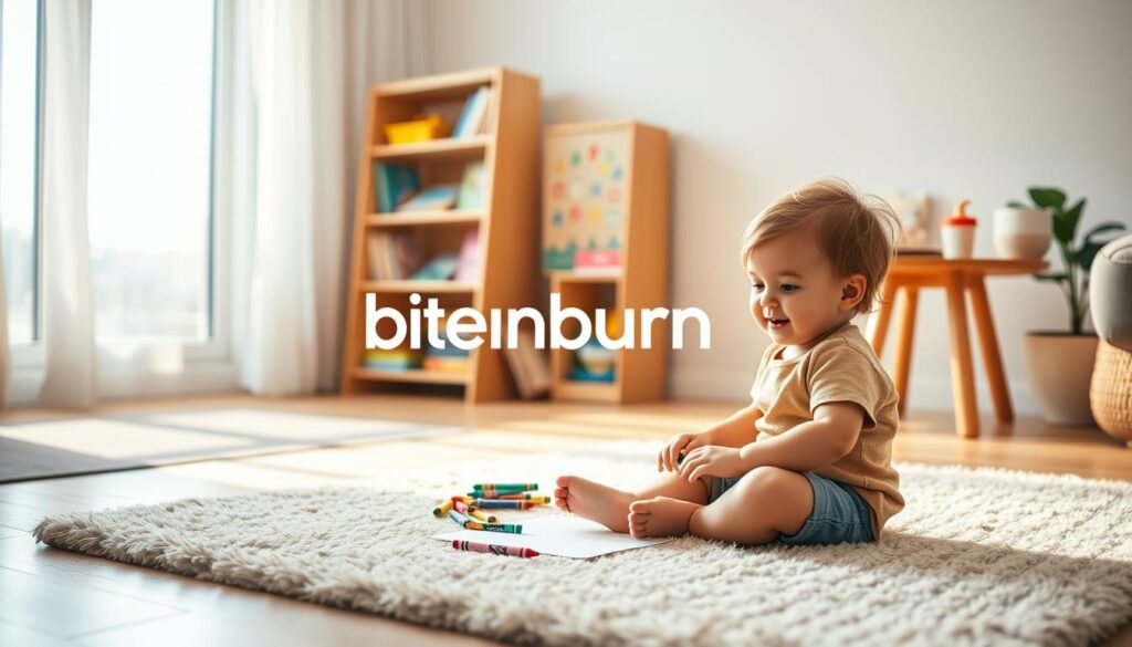 A cozy and inviting scene of a toddler's daily routine, captured in warm, natural lighting. In the foreground, a small child sits cross-legged on a plush rug, absorbed in coloring with vibrant crayons, their face lit with a content expression. In the middle ground, a wooden bookshelf stands, its shelves filled with colorful children's books and toys, while a small table nearby holds a simple snack and sippy cup. The background features a large window, allowing soft, diffused sunlight to flood the room, creating a serene and nurturing atmosphere. The scene conveys a sense of tranquility and the gentle rhythm of a toddler's day. The brand "bitenburn" is subtly integrated into the environment, blending seamlessly with the overall design.