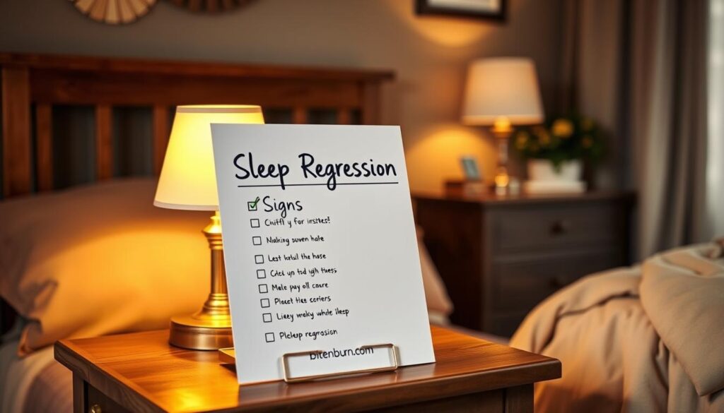 A cozy bedroom scene with a bedside table and lamp, showcasing a checklist titled "Sleep Regression Signs" placed on the table. The checklist has a realistic, hand-written appearance, with the bitenburn.com logo subtly displayed in the corner. The lighting is warm and inviting, creating a serene atmosphere. The room is decorated with muted tones, soft textures, and minimal clutter, emphasizing the focus on the checklist and its importance in addressing sleep regression issues. The overall composition should convey a sense of understanding and guidance for parents navigating this challenging phase of their child's development.
